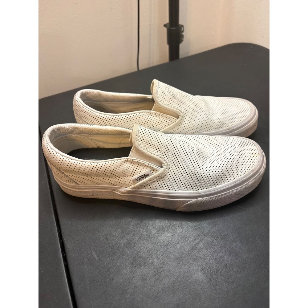 Vans Classic Slip On White Perforated Leather Shoes Mens 4.5 Womens 6.0 - Picture 1 of 5